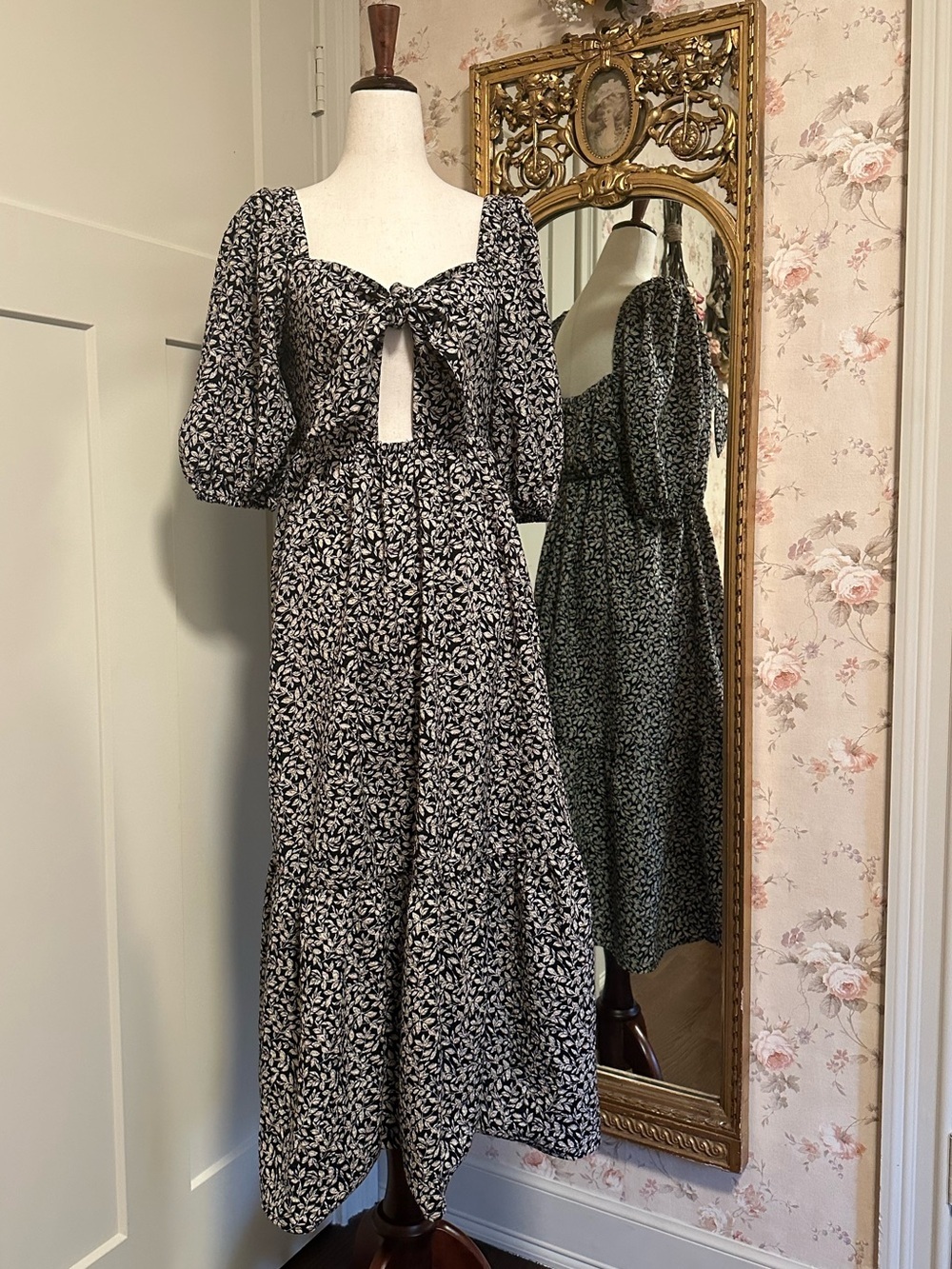 Midi Dress AQUA Black Floral Leaf Flowy XS Bloomingdale’s - Picture 10 of 14